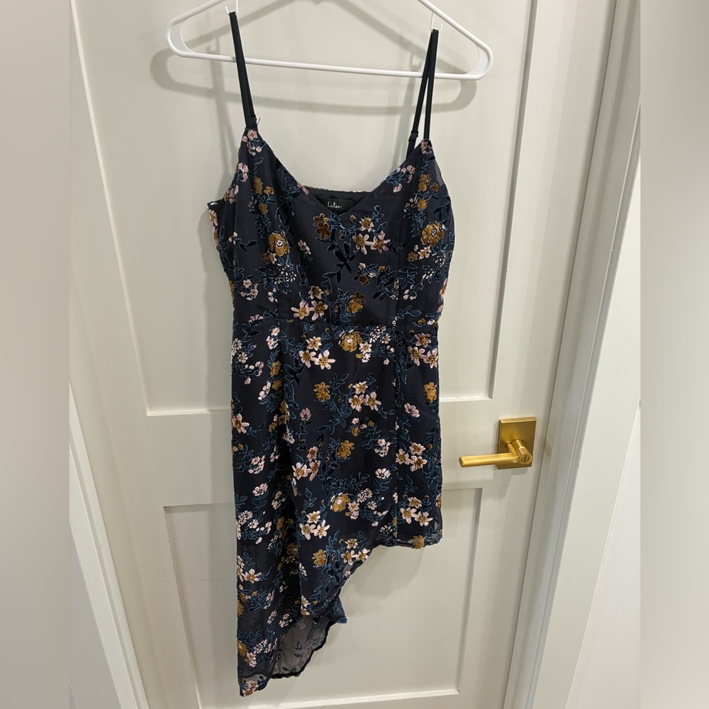 Lulus Women's Evenings With You Dark Teal Floral Velvet Asymmetrical Dress M - Picture 3 of 5